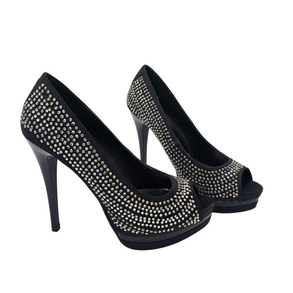 Le Chateau Women's Black Peep-Toe High Heels with rhinestones, Size 5.5,